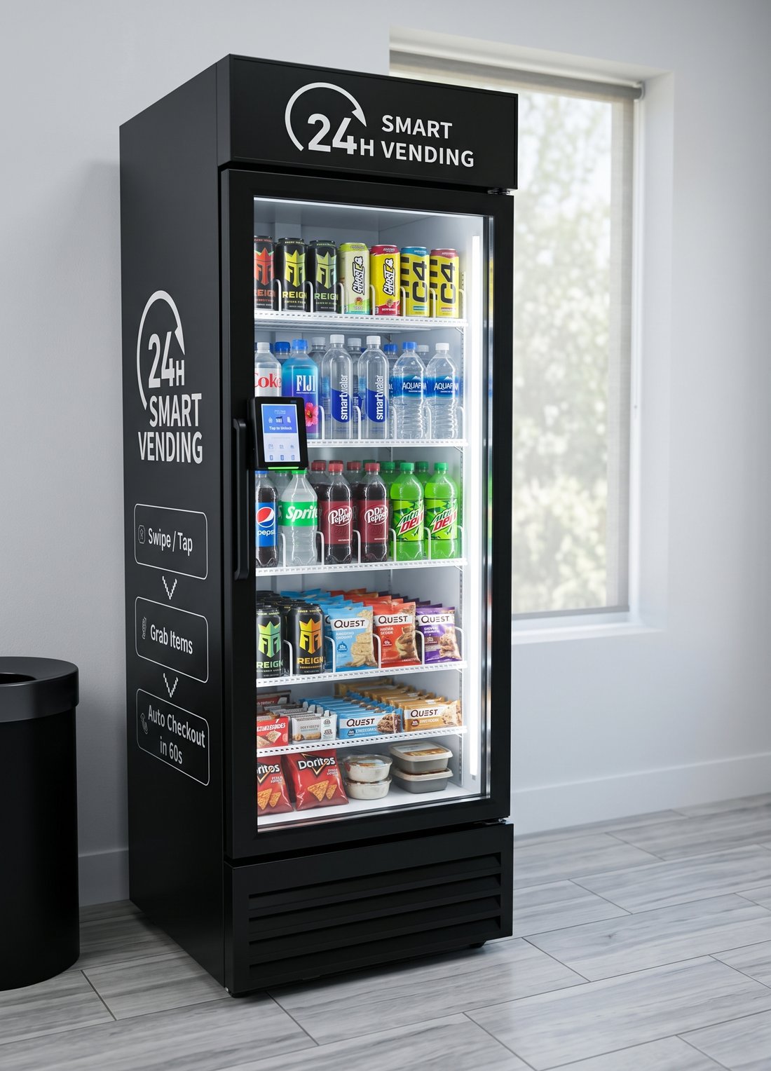 A smart market cooler stocked with drinks, snacks, and meals in a bright lobby